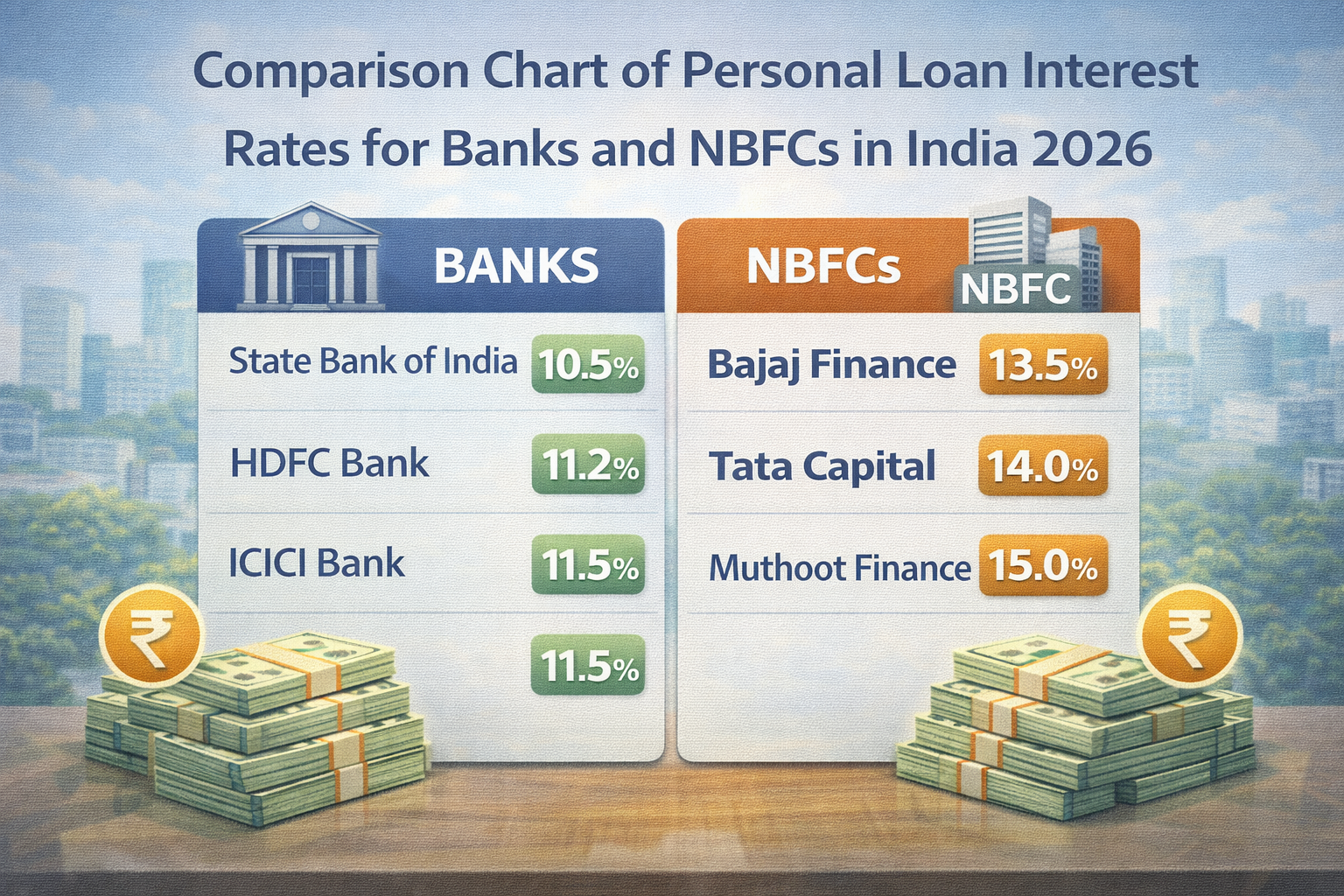 Comparison chart of personal loan interest rates for banks and NBFCs in India 2026